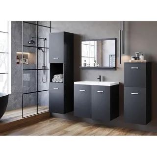 P & B Badezimmer , Schwarz , Metall , 5-teilig , 6 Fächer , 120 cm , Fsc , hängend, Spiegel mit Ablage , Badezimmer, Badmöbelsets & Badmöbelserien, Badmöbel-Sets