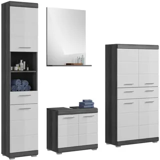 Badkombination 4tlg. Scout Bad in Rauchsilber Nachbildung und weiß hochglanz B/H/T: 186x191x34 cm , Anthrazit , Holz , Recyclingholz , 186x191x34 cm , Badezimmer, Badmöbelsets & Badmöbelserien, Badmöbel-Sets
