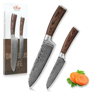 Wakoli Edib 2er Damastmesser Set mit Gravur – Personalisiertes Messer-Set, großes & kleines Santoku (17 / 12 cm), 67 Lagen Damaststahl (VG10-Kern), Pakkaholzgriff, Geschenkbox