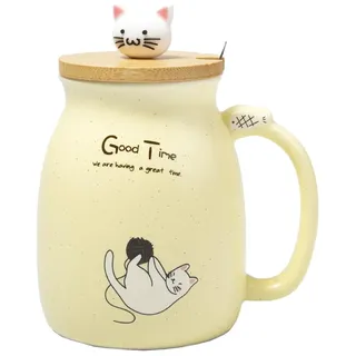 lachineuse – Kawaii-Katzentasse – Farbe Gelb – Fassungsvermögen 450 ml – Mit Deckel und Löffel – Frühstückstasse – Ideal für eine entspannende Pause – Asiatische Geschenkidee