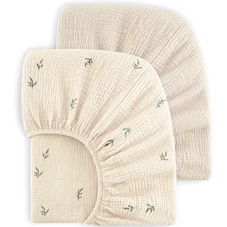 Bearmoss 2er Set Kinder Spannbettlaken,Musselin-Bettlaken 100% Baumwolle Baby-Bettlaken 60x120cm/140x70cm Reisebett Spannlaken Beistellbett Leintücher (Baumknospe, 70x140cm)