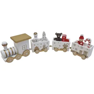 Holzdeko Zug 4-teilig: Weihnachtsdeko Figur Holz, Deko Weihnachten & Winter, Weihnachtsfiguren, Dekofigur Innen, Miniatur Figuren Schneemann, Weihnachtsmann & Geschenk, Winterdeko Gold & Weiß, 21 cm