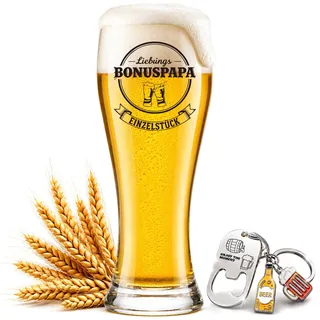 BeBeiZi Bierglas für Bonuspapa mit Flaschenöffner – Lustiges Geschenk für Stiefvater zum Geburtstag & Vatertag – Weizenglas 460ml – Geschenkidee für den besten Bonus Papa