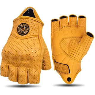 mjmoto Retro-Handschuhe halbfingerlang, gelbes Leder mit atmungsaktiven Perforationen und rutschfestem Griff, Klettverschluss - Unisex (Gelb mit Loch, XL)