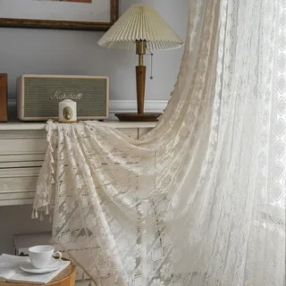 Freyamy 2er Set Gardinen Transparent Blumen Stickerei,Transluzente Vorhang Beige mit Stangendurchzug,Bestickte Spitze Gardinen Vintage Makramee,Tür Stangentaschen-Vorhang 160x150cm für Schlafzimmer