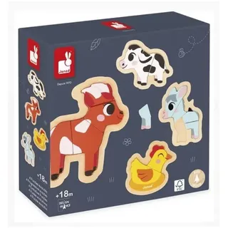 Janod - 4 Holzpuzzle mit 2 bis 5 Teilen - Puzzle zum Thema Bauernhoftiere - Spielzeuge für Kinder - Pädagogische Spiele - Baby- und Kleinkindspielzeug - Ab 18 Monaten, J07114