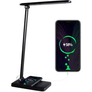 ANTELA Schreibtischlampe LED 7W Dimmable 5 Helligkeitsstufen & 3 Farben Nachttischlampe Wireless Charger Tischleuchte, USB-Anschluss, Augenschutz für Arbeit, für Arbeit, Lesen, Schwarz