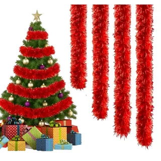 DEXYZZY 4 Stück 2M Lametta Girlande, Weihnachtsdeko Girlande, Lametta Baumschmuck, Weihnachten Lamettav für Weihnachtsbaum Kranz Hochzeit Party, für Party Hängende Decke Dekorationen, Rot