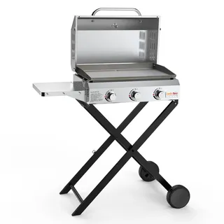 Onlyfire BBQ Gasgrill Grillwagen | Plancha Gasgrill 3 Brenner aus Edelstahl | mit Faltbarem Rollwagen, Grillplatte, Rollen, Thermometer | Grillfläche 57x36cm | 7Kw | für Outdoor Camping Balkon Garten