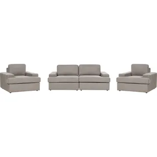 BELIANI Sofa Set 3-Teilig Taupe Stoffbezug 3-Sitzer Sofa und 2 Sessel Breite Armlehnen Sitzfläche Dicke Sitzkissen Retro Stil Wohnzimmer Ausstattung - Braun