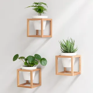 Kazai. Wandvasen -Lille- | Hängende Blumentöpfe in Echtholzrahmen | 3-teiliges Übertopf-Set aus Keramik und Holz für Wand, Tisch und mehr | Natur-Braun