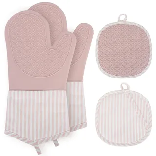 AiQInu Ofenhandschuhe Topflappen Set, Ofenhandschuhe Silikon Bis 230°C, Zwei Handschuhe und Zwei Topflappen, Topfhandschuhe Hitzebeständig für Kochen Backen