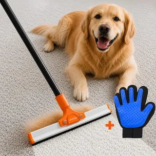 Carpet Rake Fellfeger Besen für Tierhaare auf Teppich und Möbeln | Teleskopstiel bis 127cm mit Kupfer und Silikonkante aus robustem Edelstahl, Schwarz & Orange
