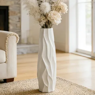 Duoqulou Dekorative Weiße Keramikvase, 71 cm Große Bodenvase für Blumen und Pampasgras, Modernes Design für Wohnzimmer, Büro, Schlafzimmer