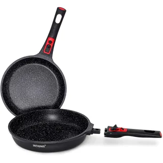 INTIGNIS Bratpfannen-Set | 24-28 cm | Antihaft | Anti-Kratzer | Frei von Chemikalien | Induktionskompatibel | Abnehmbarer Griff | Ofenfest