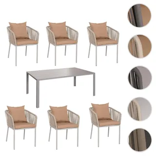 Gartengarnitur HWC-N41, Tisch+6xStuhl, wetterfest Alu 180x80cm, Seilgeflecht Rope ~ grau Kissen taup