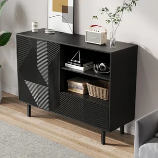 okwish Kommode Sideboard,Dekorativer Schrank mit mattschwarzen Streifen, Aufbewahrungsschrank,mit 2 Türen und 1 Schublade, offener Stauraum für Eingangsbereich, Wohnzimmer,40x125x86cm,Schwarz - Schwarz