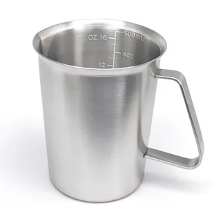 XSHAO® Messbecher Edelstahl, Edelstahl Kanne 500ml mit ML und OZ Messbecher Metall mit Griff und Ausgießlippe für Küchen Bars Milchtee-Läden Cafés Partyorten