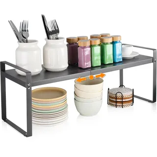vinato Erweiterbares Küchenregal Schrankregal (37-62cm) Verstellbarer Erweiterbarer Küchenorganizer Arbeitsplatte Küchengewürzregal Regaleinsatz für Küchenschrank Stapelbarer Schrankregal für Gewürze