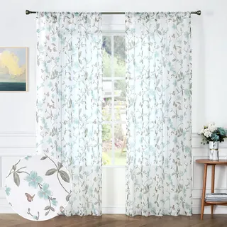 Tollpiz 2 Stück transparente Vorhänge mit Blumenmuster, Blau und Schmetterling, für Wohnzimmer, mit Taschenstange, Voile-Imitat, Vorhang für Schlafzimmer, 137,2 x 241,3 cm