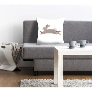 Dekokissen QUEENCE "Nyoman", braun (braun, bedruckt), B:40cm L:40cm, Polyester, Dekokissen_Sitzkissen_Kissenhüllen, Dekokissen, mit einem liegenden Hasen