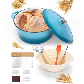 Gusseisen Topf Brot Backen, Schmortopf Gusseisen Topf mit Deckel, Dutch Oven Brotbacktopf mit Gärkorb Einschneider Teigmischer Brotbackform für Schmoren, Braten, Sauerteig Starter Set, Blau