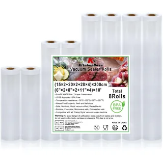 KitchenBoss Vakuumierbeutel Vakuumierfolie Folienrollen Vakuumbeutel-Lebensmittel:Vakumierfolienrollen Einschweissbeutel, BPA Frei Folienbeutel für Vakuumiergerät, Rollen 15x2/20x2/28x4/x300cm