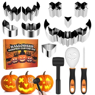 Dreamtop 14 Stück Halloween Kürbis Schnitzset Kürbis Schnitzset Vorlagen Edelstahl DIY Halloween Kürbis schnitzwerkzeug Inklusive Gummihammer für Erwachsene und Kinder