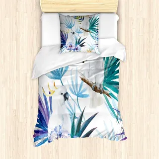 ABAKUHAUS Tropisch Bettbezug Set für Einzelbetten, Aquarell Parrot Palm, Milbensicher Allergiker geeignet mit Kissenbezug,Weiß Hellblau