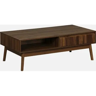 sweeek - Skandinavischer Couchtisch mit geriffeltem Holzdekor, 2 Nischen, 1 Schublade