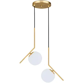 HJXDtech Moderne weiße Glaskugel Pendelleuchte, Gold Metall Loft Bar Hängelampe Küche Wohn- & Esszimmer Kronleuchter Deckenleuchte (2-Lichter)