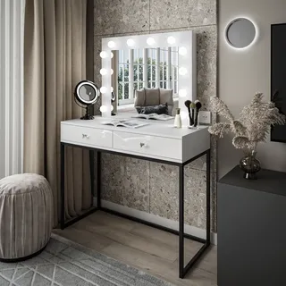 Schminktisch BLANCO LOFT mit Spiegel und LED-Beleuchtung Griff- weißes Kristall Schwarz / Weiß hochglanz