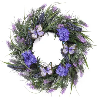 Valery Madelyn Türkranz Frühling, Künstliche Lavendel Blumenkranz mit Schmetterling, groß Ø 46cm Frühlingskranz Türkranz Wandkranz Türkranz Sommer für Zuhause, Parties, Türen, Hochzeiten Geschenk