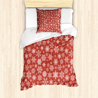 ABAKUHAUS rot Mantele, Verschiedene Schneeflocke-Winter, Milbensicher Allergiker geeignet mit Kissenbezügen, 135 cm x 200 cm - 80 x 80 cm, rot-Weiss - Rot