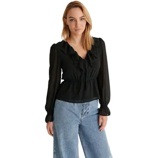 NA-KD Damen Chiffonbluse mit Rüschen, V-Ausschnitt, Schwarz, 36