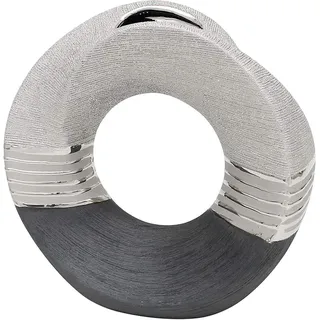 Dekohelden24 Edle Moderne Deko Designer Keramik Vase rund geschwungen mit Loch in Silber-grau. Maße L/B/H: 22 x 9 x 23 cm.