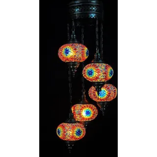 Türkische Hängelampe - Handgefertigte Mosaiklampe - Marokkanische Deckenleuchte - 5 bunte Glaskugeln - 110 cm hoch - Bunt