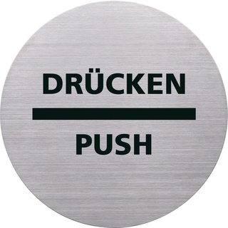 Helit Piktogramm Drücken / Push, Ø115 mm, selbstklebend mit Klebepad, Edelstahl