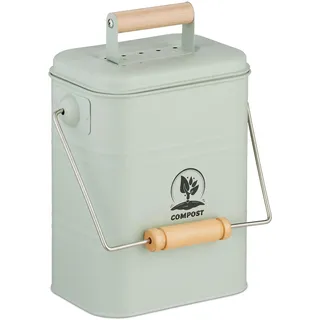 Relaxdays Komposteimer Küche, 3,5 Liter, 2 Aktivkohlefilter, Deckel, Henkel, Eisen & Holz, Biomüllbehälter, mintgün