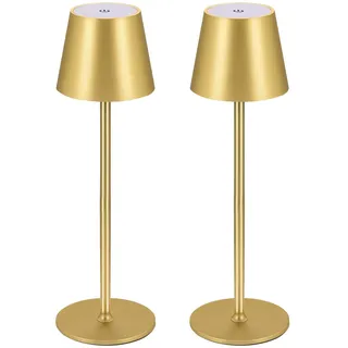 Zoeger 2 Stück LED Dimmbare Akku Tischlampe Kabellose, Wiederaufladbar Warme Lichtfarbe 3000K Tischleuchte Für Innen und Aussen mit USB-C, Aluminium, IP54 Wasserdichte (golden)