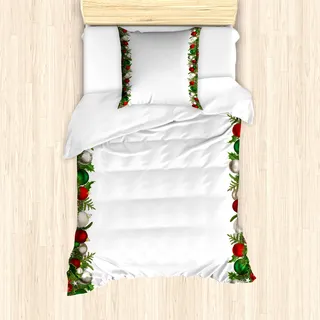 ABAKUHAUS Weihnachten Mantele, Pine Spikes Beeren, Milbensicher Allergiker geeignet mit Kissenbezügen, 135 cm x 200 cm - 80 x 80 cm, Dunkelgrün Rot und Grau
