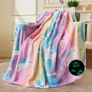 Joiedomi Decke Kuscheldecke Leuchtet im Dunkeln Einhorn Geschenke Spielzeug für Mädchen im 4 bis 12 Jahren Weiche, gemütliche Flanell Kinderdecke Geburtstagsgeschenk 50"×60"