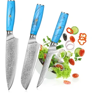 Home Safety Damast Kochmesserset 3STK, Santokumesser Set Filetiermesser aus 67 Lagen Vg-10 Damaststahl, Profi Küchenmesser Set mit Ergonomischem Naturharzgriff, Geschenkbox