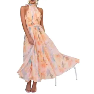 SPPEOUKJ äRmelloses Kleid Damen Urlaub Ärmellos Bedrucktes Rückenfreies Kleid Strandstil Sommer Frau Hohe Taille Süßer A-Linienrock Fur Damen(M)