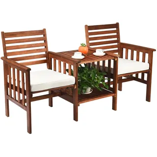 COSTWAY Gartenbank mit Tisch, 2-Sitzer Holzbank mit Sitzkissen & Schirmloch, Sitzbank aus Akazienholz bis 350 kg, Terrassenbank, 165 x 65 x 88 cm - Braun