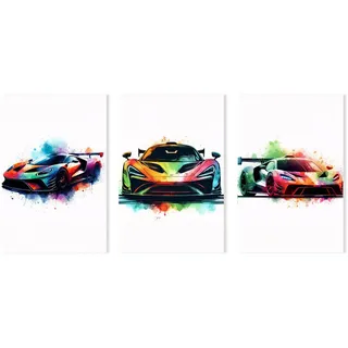 3 Stück Auto Poster, Supercar Leinwand Car Poster mit 3 Hochleistungsmotiven, Auto Bilder für die Wand als Geschenk für Autoliebhaber Männer Jungen Garage Schlafzimmer Wohnzimmer Deko, Rahmenlos