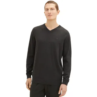 V-Ausschnitt-Pullover TOM TAILOR, Herren, Gr. L, schwarz (schwarz grau melange), Strick, Obermaterial: 100% Baumwolle, meliert, regular fit normal, V-Ausschnitt, Rippbündchen, Pullover V-Ausschnitt-Pullover, mit kleiner Logo-Stickerei