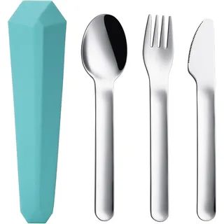 DEVICO Camping Besteck, 4-Teilig 18/8 Edelstahl Reisebesteck mit Etui | Outdoor Besteck Set 1 Person mit Messer/Gabel/Löffel, Besteckset to Go für Unterwegs/Schule/Reise Gadgets, Geschenk, Türkis