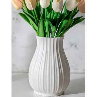 NUPTIO Tulpenvase Weiß Keramik für Tischdeko: 16cm Gerippte Blumenvase