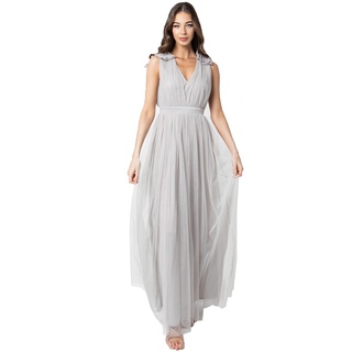 Maya Deluxe Damen Maya Deluxe Women's Maxi With Ruffle V Neck Sleeveless High Empire Waist Long Prom Guest Weddi Bridesmaid Dress, Soft Grey, 36 EU